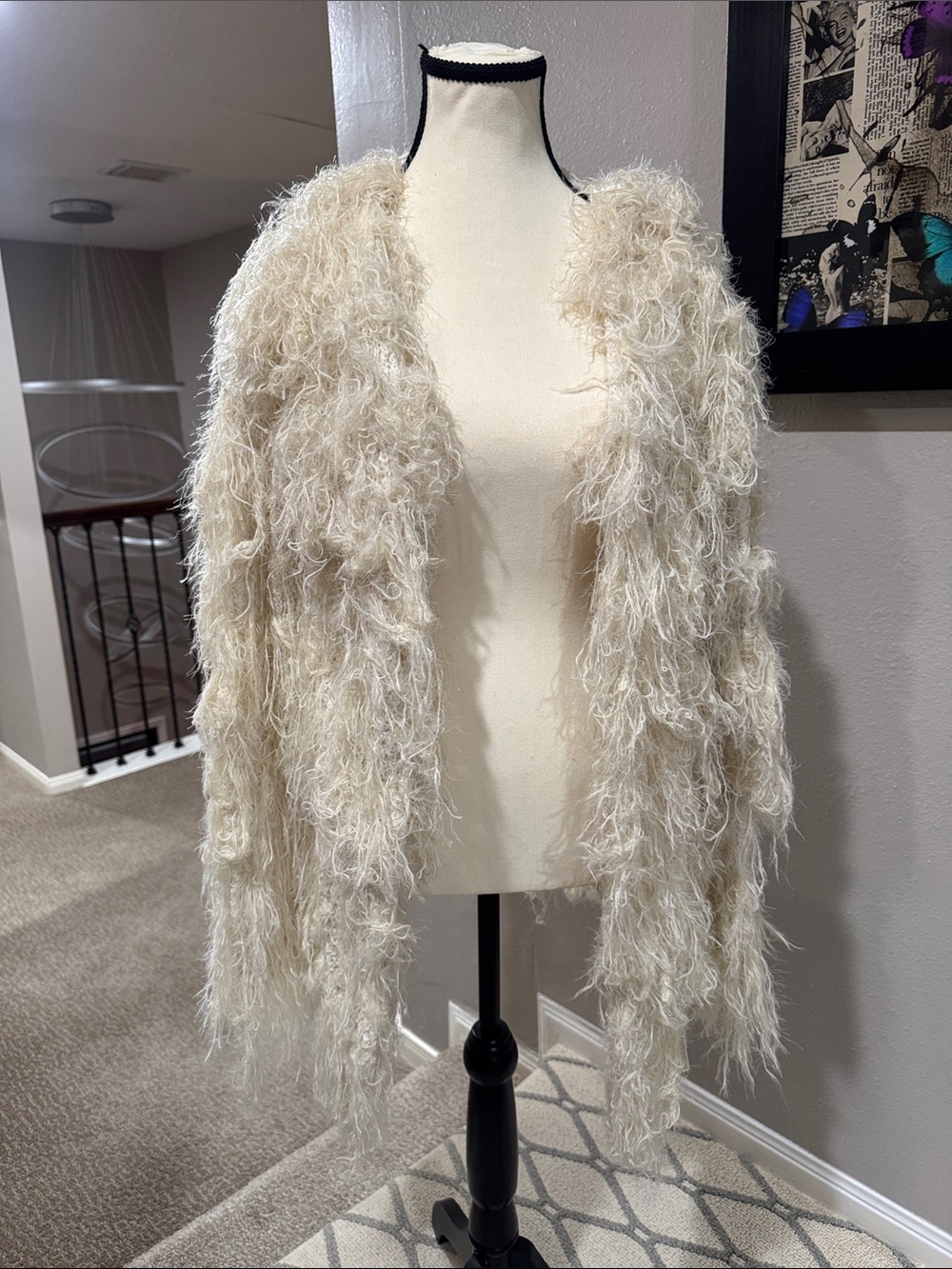 Shaggy Open-Front Cardigan Sweater - Cream